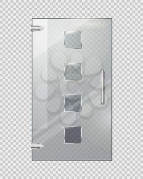 Clear glass door isolated with four glassy squares, handle and two door hinges on transparent checkered background. Vector illustration of entrance element with decor for commercial buildings