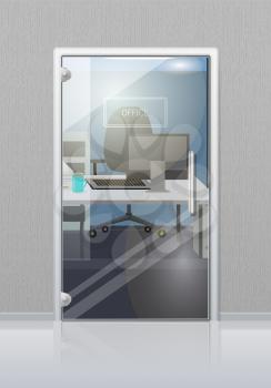 Office workplace through glossy glass door view flat vector. Entrance to the cabinet with table, computer on it and chair. Modern office interior design illustration for business concepts