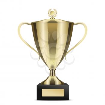 Golden shiny trophy cup for win with cover isolated on white background. Tournament prizes for first place vector illustration. Goblet for contest participation. Award for outstanding achievement.
