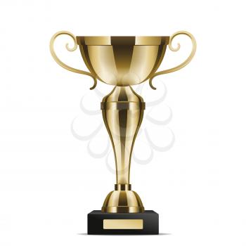 Golden trophy cup for competition reward isolated on white background. Shiny award for first place in sport tournament vector illustration. Honorable victory bowl icon for contest participation.