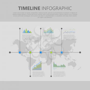Graphic infographics symbols on timeline with world map on background. Global statistic information presentation vector. Graphics and column diagrams for business, politics or social concepts