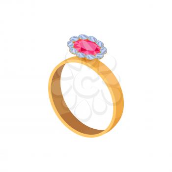 Gold shiny ring with gems in form of flower with big pink stone in centre isolated vector illustration on white background.