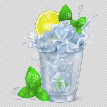 Faceted glass of mojito with lot of ice, fresh lime and green spearmint isolated vector illustration on transparent background.