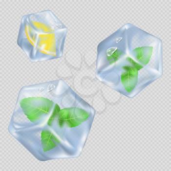 Realistic ice cubes with green spearmint leaves and small lemon slice isolated vector illustration on transparent background.