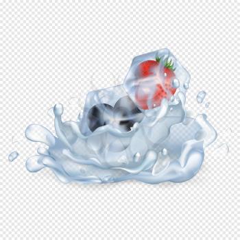 Strawberry and blueberry in ice cubes that drop in water and make it splash isolated vector illustration on transparent background.