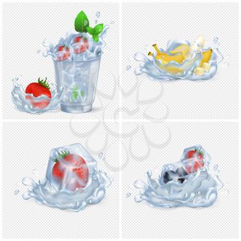 Strawberry and blueberry in ice cubes, peeled banana in water splash and glass with frozen strawberries and mint vector illustrations set.