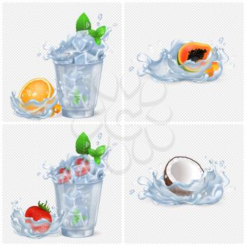 Glasses with ice, fresh orange and frozen strawberries and mint. Papaya and coconut in water splash. Cool drinks and icy fruits vector illustrations.
