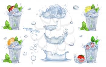 Apple with mint, orange fruit, strawberry and lime cocktails with ice and and water splashes isolated vector illustrations set on white background.