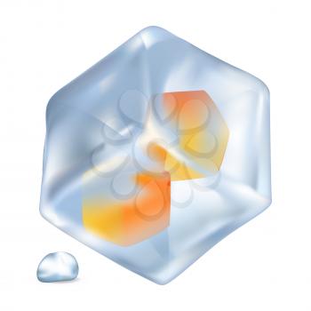 Glossy ice with small orange cubes inside and shiny drop beside realistic isolated vector illustration on white background.