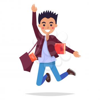 Jumping brunette boy student with books, scarlet briefbag and broad smile isolated on white background. Reaction for successful exams passing vector illustration. Modern student fresh from university.