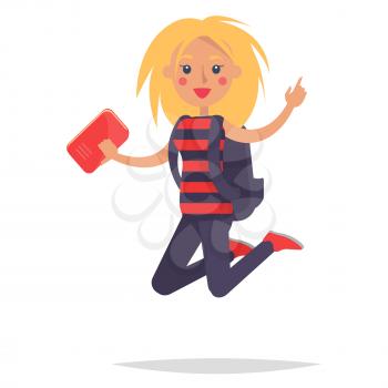 Jumping blonde girl student in striped blouse with rucksack on back isolated on white background. Teenager emotion of happiness expression vector illustration. Happy cartoon character in flat design