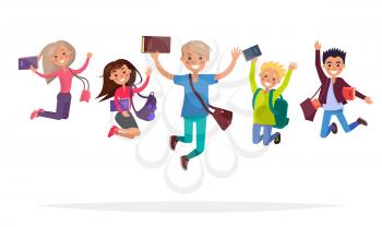 Group of jumping students with books, big backpacks and stylish brief bags isolated on white background. Reaction for successful exams passing and graduation. Happy youth vector illustration.