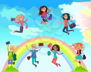 Happy boys and girls multinational characters with textbooks and backpacks jumping on colorful rainbow flat vector. Happy students cartoon illustration for educational or summer holidays concept