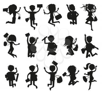 Silhouettes of happy excited jumping students on white background. Group of young people with backpack on shoulders, book in hand, ladies bag and tube for drawings vector illustration front view.
