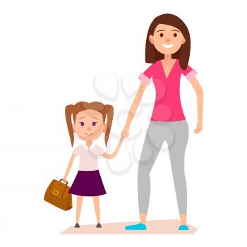 Little girl with two tails hairstyle and brown schoolbag keeps mother's hand. Vector illustration isolated on white background.