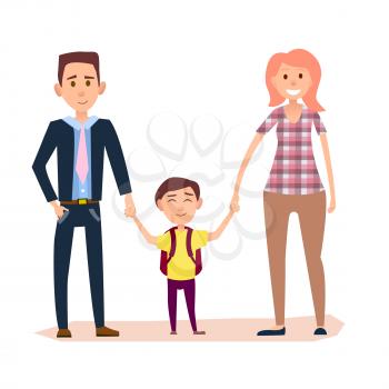 Young parents holds little schoolboy by hands on white background. Brunette small boy with purple backpack on shoulders vector illustration.