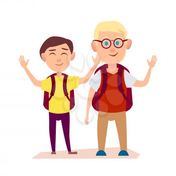 Joyful friends with ruddy packsack waving their hands on white background. Free time for two boys after school vector illustration.