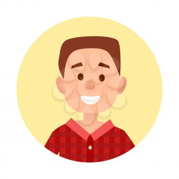 Cartoon little boy with broad smile in plaid shirt portrait in yellow circle isolated in white background. Happy kid vector illustration.