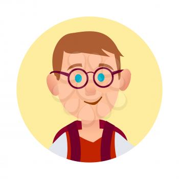 Boy in spectacle glasses avatar in round web button isolated on white. Smiling schoolboy teenager userpic profile icon. Vector illustration of caucasian teen in flat design, redhead handsome guy