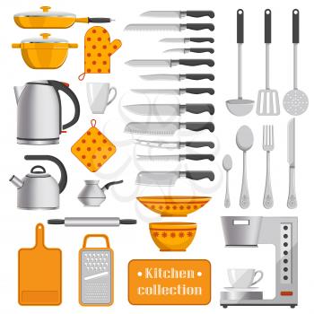 Kitchen collection of sharp knives, silver tableware, iron kettles, convenient utensils, coffee machine and dotted potholders vector illustrations.