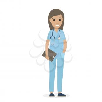 Joyful physician in navy uniform with stethoscope on neck holds black tablet in one hand, other hand is in pocket vector illustration