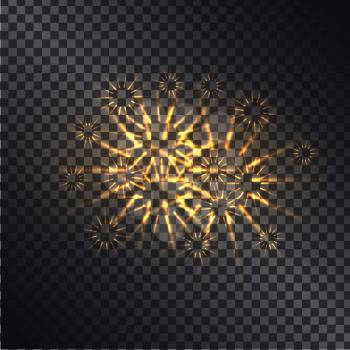 Glowing fiery sparks with golden rays realistic vector light effect on dark transparent background. Shiny elements with light glittering. Explosive flashes, fireworks or magic light illustration