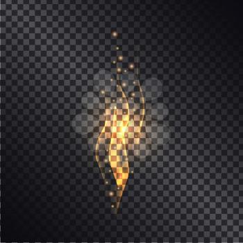 Burning bright flame with sparks realistic light effect on dark transparent background. Shiny elements with glittering. Fiery flashes and fire waves vector illustration for science or magic concepts