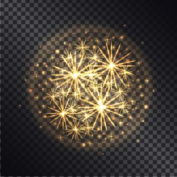 Light effects of burning sparklers in radiant circle with yellow glitter on dark transparent background vector illustration.