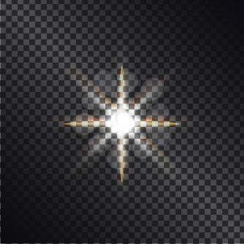 Vector illustration of luminous star effects graphic design. Defocused lightning sun with bright rays on black transparent background.