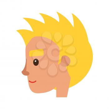 Smiling blond man character face icon. Boy cartoon profile portrait flat vector isolated on white background. Human head with positive emotions illustration for people infographics, web design