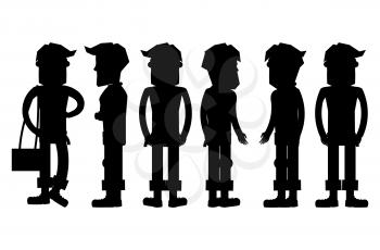 Set of hipster characters silhouettes. Collection of bearded men with rolled up pants and boots standing straight from different sides view vector figures isolated on white background  