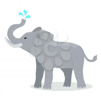Elephant cartoon character. Elephant spray water with trunk flat vector isolated on white. African fauna. Elephant icon. Wild animal illustration for zoo ad, nature concept, children book illustrating