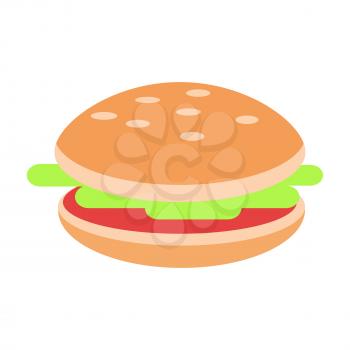 Hamburger with meat and salad flat style vector icon isolated on white background. Fast food traditional snack. cheeseburger cartoon illustration for applications, logos or web design