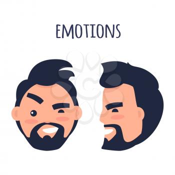 Men Emotions. Man with beard and pink cheeks arches his eyebrow, squint and crags. Face from two different angles of view isolated on white background. Cartoon male character vector illustration.