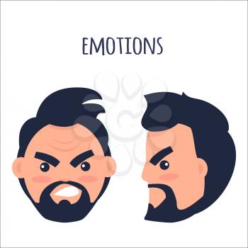 Human emotion of anger and annoyance vector illustration. Cartoon brunette male character with beard and twisted mouth frowns his eyebrows from front view and in profile isolated on white background