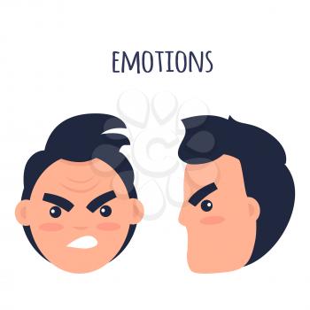 Cartoon brunette male character with twisted mouth frowns his eyebrows from front view and in profile isolated on white background. Human emotion of anger and annoyance vector illustration flat style