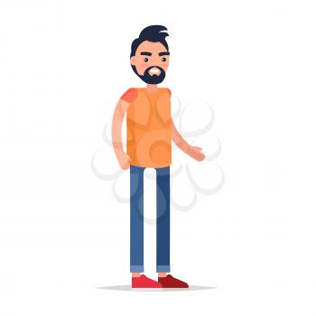 Male cartoon character with beard and pink cheeks in orange T-shirt, jeans and red sneakers smiles and stands straight on white background. Pictured human model isolated vector illustration.