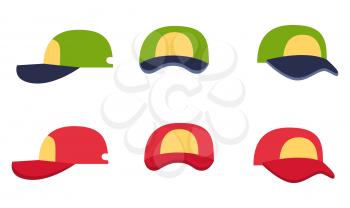 Baseball cap collection, front, back and side view on white background. Green and red color summer headwear. Vector illustration in cartoon style flat art design for infographics, websites, app.