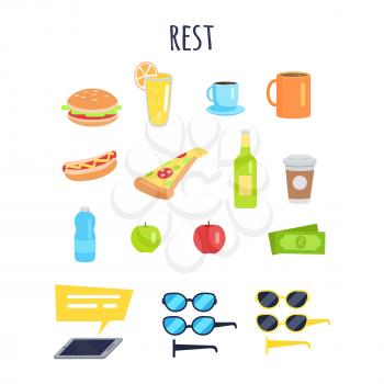 Set of men accessories for rest and food graphic icon on white. Vector illustration of fast food, hot and cold drinks, healthy fruits, green money, online communication, sunglasses with handles