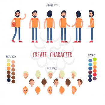 Animated character man full length in jeans and t-shirt. Vector poster of moving boy, colored hairstyles,, emotions on faces, choose your skin color and cloth and type of hairstyle in cartoon design