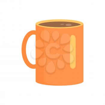 Long orange cup in round shape with brown drink inside isolated on white. Vector illustration of special colorful bowl for drinking hot tea or coffee. Warm concept with high teacup with handle