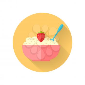 Oatmeal vector illustration in flat design. Cereal porridge in red plate with spoon and strawberries. Natural and healthy nutrition. For food, diet concept, milk production ad. On white background
