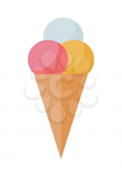 Waffle cone with three colors ice cream balls. Vector in flat design. Refreshing cold dessert. Summer sweets. Illustration for food concepts, diet infographic, icons or web design. On white background