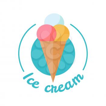 Ice cream cone with colorful balls isolated on white background. Sweet summer dessert. Vanille, cherry and peach ice cream. Delicious milk product. Logo sign symbol. Vector illustration in flat style