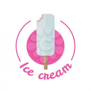 Ice cream soft serve with white chocolate isolated on white background. Sweet summer dessert. Ice cream on a stick. Delicious milk product. Logo sign symbol. Vector illustration in flat style