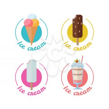 Ice cream set isolated on white. Soft serve with white and black chocolate, cone with fruit balls, ice cream yogurt in a glass. Sweet summer dessert. Delicious milk product. Logo sign symbol. Vector
