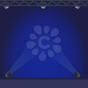 Empty stage with blue lightning and bright projectors vector illustration. Big space for music performances with good illumination.