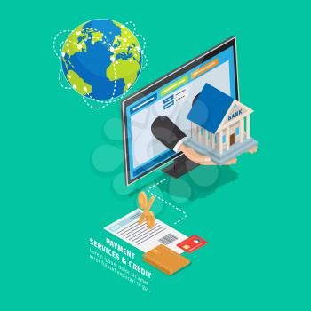 World global payment and credit services concept. Earth globe with trade routes, internet bank client page, contract with wallet and credit card isometric vector. Online banking scheme 3d illustration