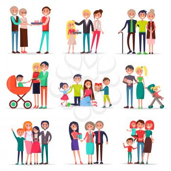 Concept of parents day on white background vector illustration. Young and old mothers and fathers accepts congratulations and gifts from children