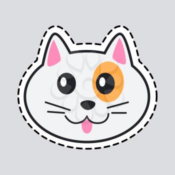 Muzzle of cat. Cut it out. Patch. Light cat with orange spot around black eye, pink tongue. Pink ears inside. Flat style. Vector.